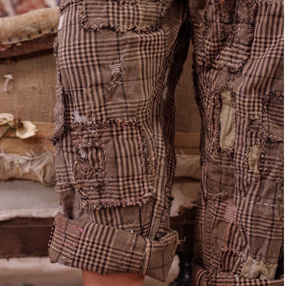 Magnolia Pearl Yarn Dyed Cotton Patchwork Check Miner Pants Adjustable Waist NEW - Picture 8 of 14